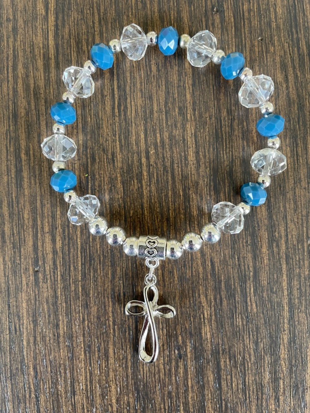 HAND CRAFTED CRYSTAL & INFINITY CROSS STRETCH BRACELET Blue, Clear, & Silver - Picture 4 of 16